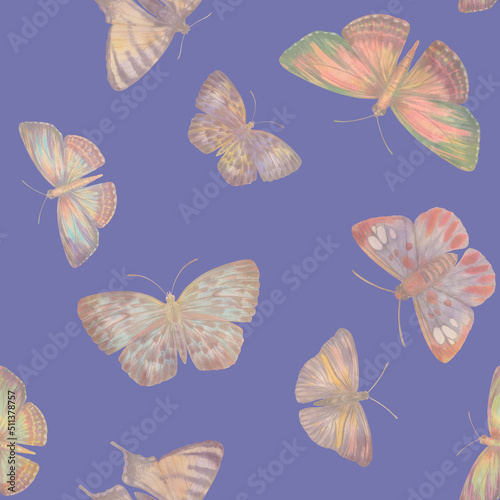 Abstract watercolor butterflies collected in a seamless pattern. © Sergei