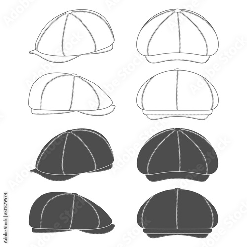 Set of black and white illustrations with peaked cap, forage cap, kepi. Isolated vector objects on white background.
