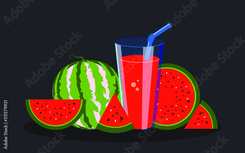 Fresh red watermelon juice in a glass transparent glass with a straw. Pieces of fruit in a modern design on a black background. Vector.