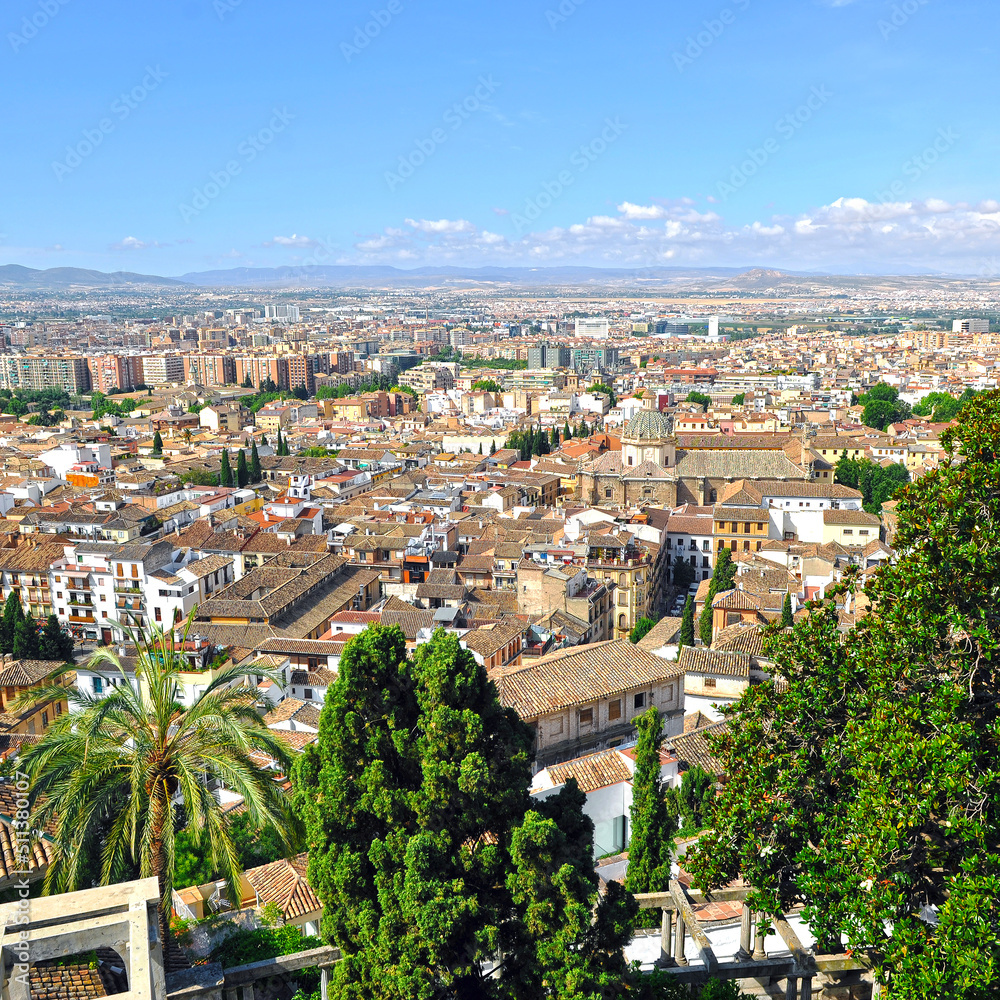 View of the Realejo neighborhood from the Carmen Gardens of the Rodriguez Acosta Foundation in Granada, Andalusia, Spain