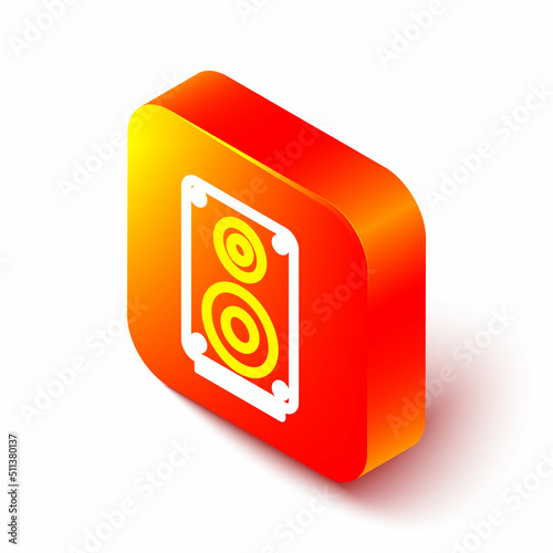 Isometric line Stereo speaker icon isolated on white background. Sound system speakers. Music icon. Musical column speaker bass equipment. Orange square button. Vector