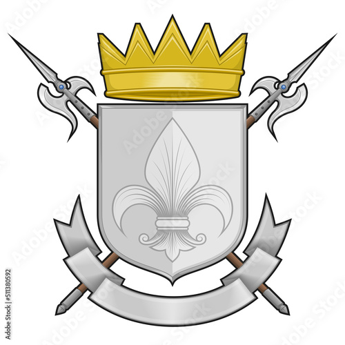 Middle ages heraldic shield vector design, coat of arms with fleur de lis heraldic symbol, with halberd, crown and ribbon