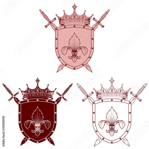 Crowned heraldic shield with lily flower and two swords. heraldic shield of the middle ages
