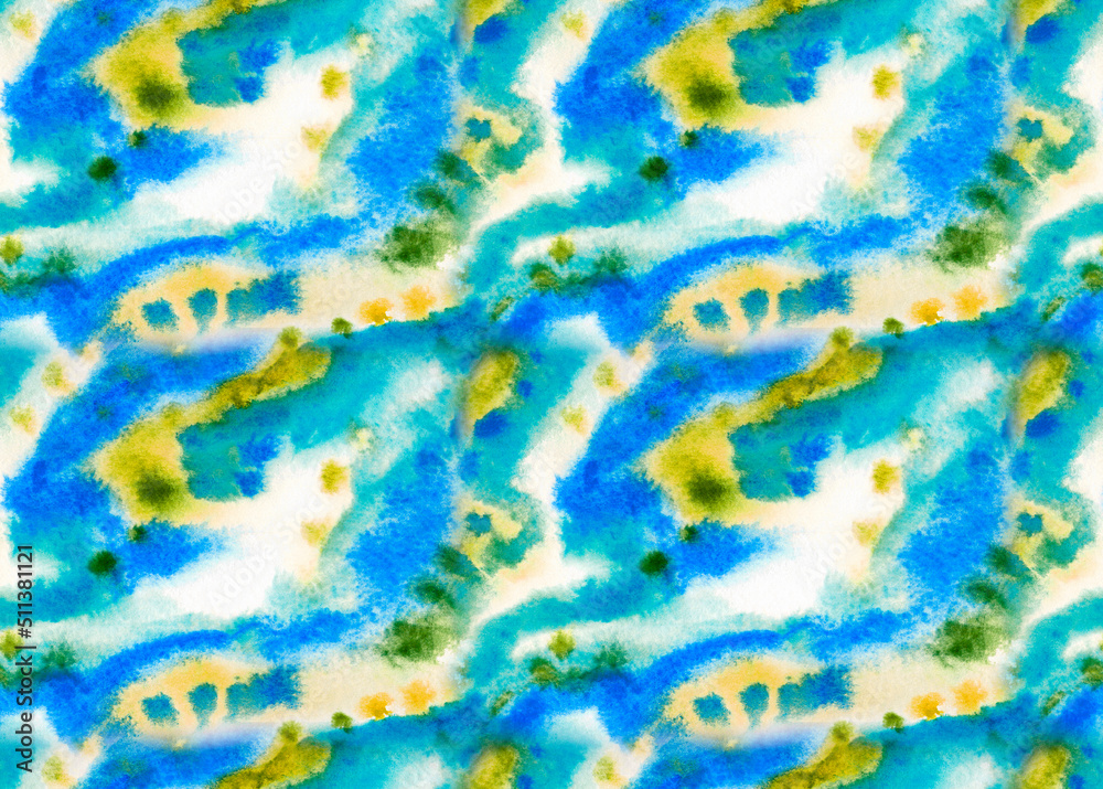 Seamless abstract pattern of colorful splashes and blots: turquoise, golden, blue on white background, watercolor print for fabric, wrapping paper, wallpaper, home decor, etc.