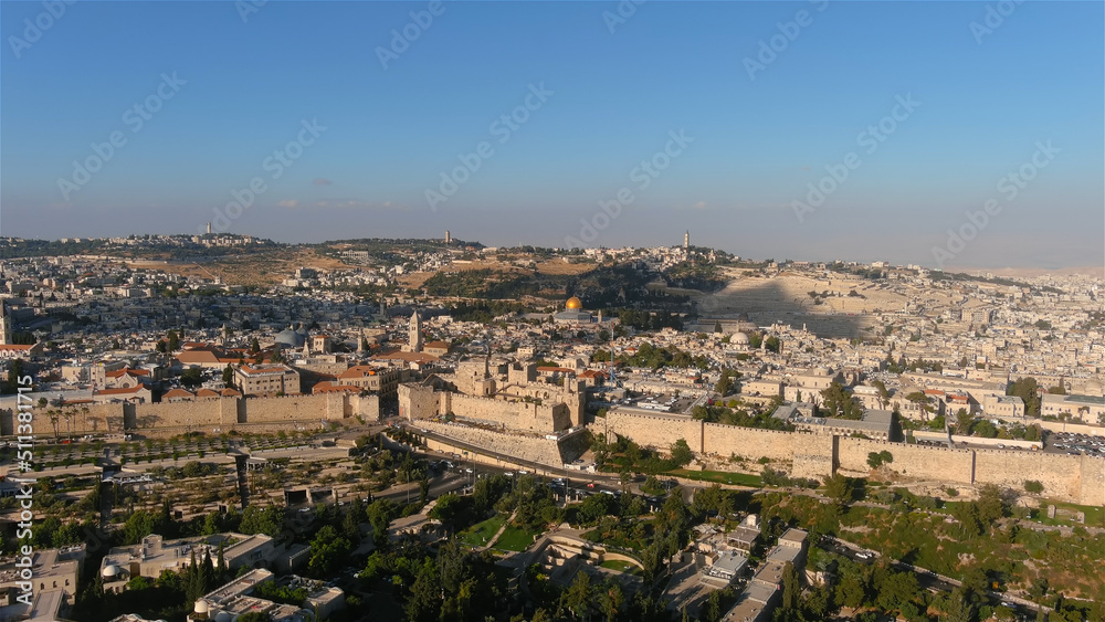 The old city of Jerusalem David tower at sunset, aerial
Drone view from Israel capital Jerusalem city, may 2022
