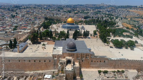 Old city of Jerusalem Dome of the rock, aerial
Drone view from Jerusalem Old city Al Aqsa Mosque , June, 2022

 photo