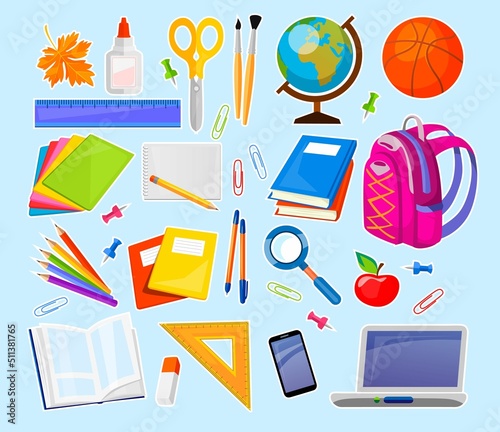 Big set of modern school supplies. Books, sticky notes, pens, pencils, coloring brushes, scissors, a backpack, a smartphone, a globe, a laptop, stuff children need in school. Vector illustration.