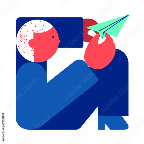 Businessman with a paper airplane. Concept of business startup, launch of new project, teamwork, reaching the goal, sending mail, communication. Simple geometric sketch vector illustration 