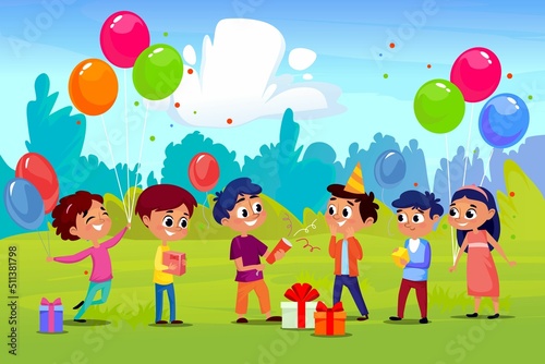 A group of happy children at a birthday party in a park or backyard in summer. Kids celebrate a friend's birthday, boys and girls with colorful balloons in their hands, gifting presents to a friend.