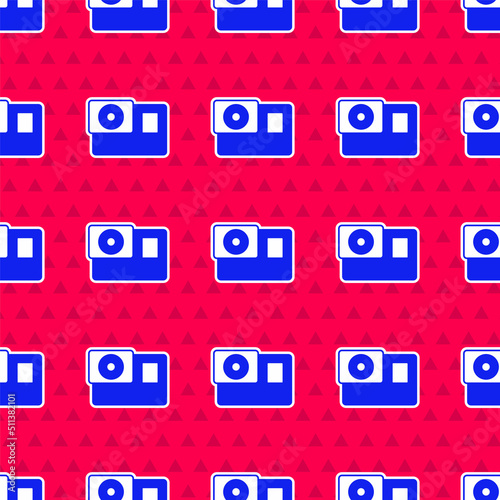 Blue Action extreme camera icon isolated seamless pattern on red background. Video camera equipment for filming extreme sports. Vector