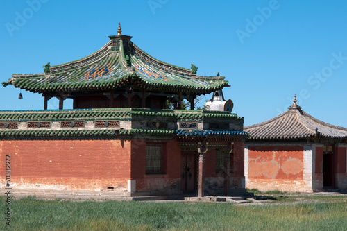Beautiful temple at Kharakhorum, Mongolia. Red walls and green roof tiles