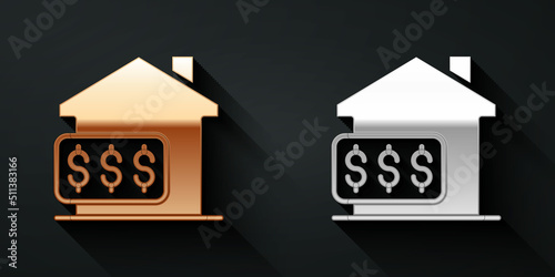 Gold and silver House with dollar symbol icon isolated on black background. Home and money. Real estate concept. Long shadow style. Vector