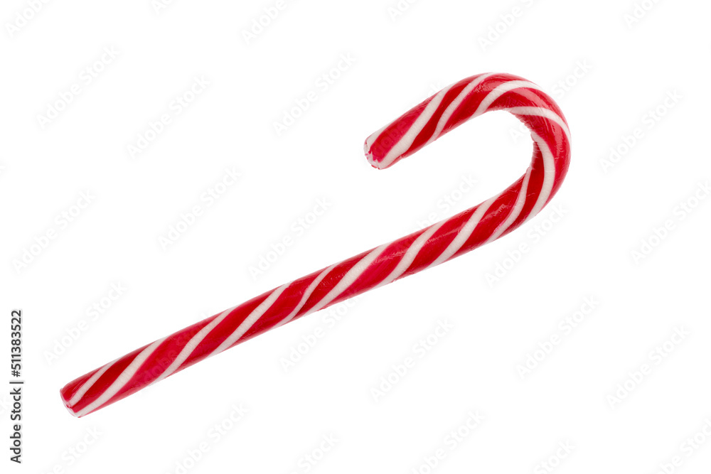 Mint striped hard candy cane in traditional Christmas colors isolated on white background. Close-up. Sweet lollipop. One red caramel for new year.