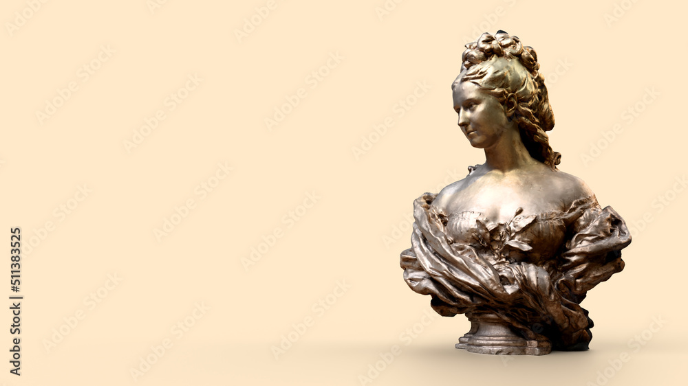 3d render Shiny monument of woman on pastel background on the right side with place for text art background