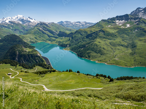 View of Roselend lake and dam near Arêche Beaufort in the Alps - Vue du lac et du barrage de roselend proche d'Arêche Beaufort dans les Alpes © Yves