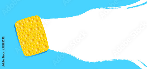 Yellow sponge wiping glass. window cleaning glass service. Windows cleanings tool icon or logo. Cartoon washes vector. Washing, clean or cleanup tools. Cleanliness concept, surface by dropping soap bu