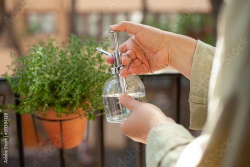 Woman taking care of plants, spraying green plant with water at home on the balcony