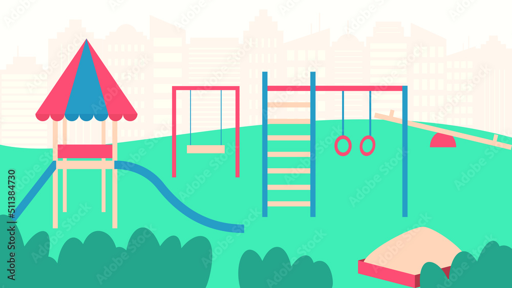 urban vector illustration of playground with equipment and cityscape background