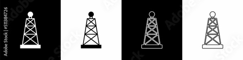 Set Oil rig icon isolated on black and white background. Gas tower. Industrial object. Vector
