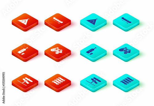 Set Road traffic signpost, Railway, railroad track, Whiskey bottle and glass, Western stagecoach, Kayak or canoe paddle and Indian teepee wigwam icon. Vector