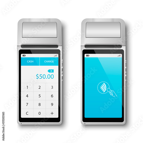 Vector 3d NFC Payment Machine Set Isolated. Wi-fi, Wireless Payment. Screen with Amount and Wifi Sign. POS Terminal, Machine Design Template of Bank Payment Contactless Terminal, Mockup