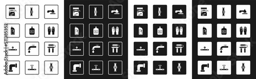Set Water tap, Big bottle with clean water, Container drain cleaner, Well, Rubber gloves, Industry pipe and valve, filter and manometer icon. Vector