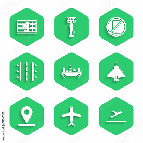 Set Airport luggage towing truck, Plane, takeoff, Jet fighter, Location, runway, No cell phone and board icon. Vector
