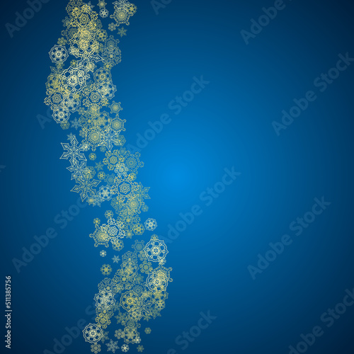 New Year snow on blue background. Gold glitter snowflakes. Christmas and New Year snow falling backdrop. For season sales, special offers, banners, cards, party invites, flyers. Frosty winter on blue.