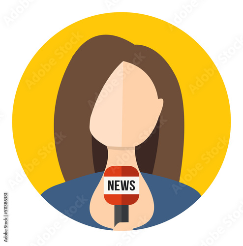 Female journalist with mic. Girl newsreader avatar icon. Woman TV reporter flat icon in circle isolated on white background. Faceless woman holding microphone. Vector icon