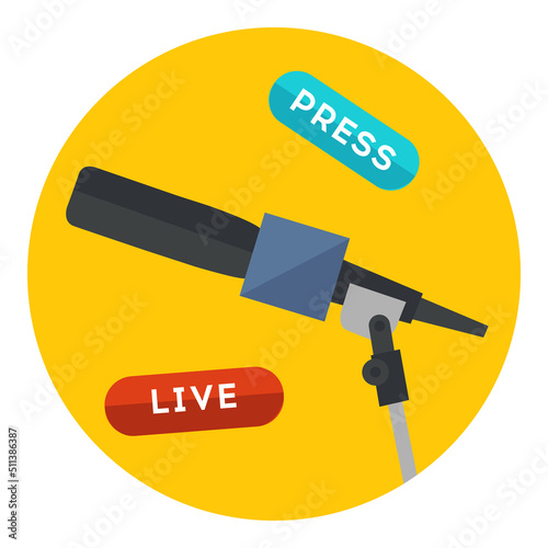 Live press icon concept. Mass media interview illustration. Microphone with live and press signs. Flat icon in circle isolated on white background. Vector icon