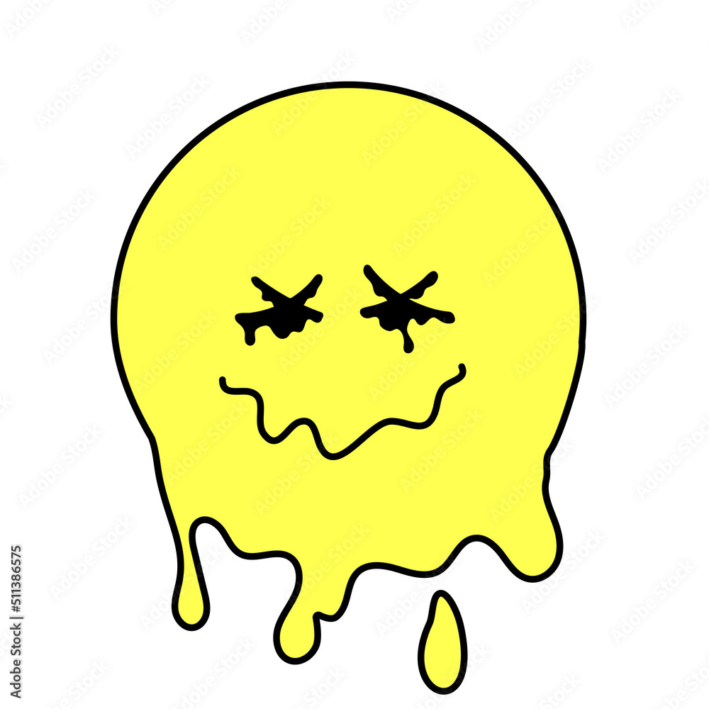 Funny psychedelic surreal techno melt smile face logo. Melted smiley ...