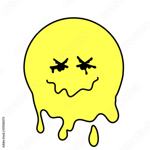 Funny psychedelic surreal techno melt smile face logo. Melted smiley face, trippy sticker. cartoon illustration. Comic element for poster, graphic tee print, bullet journal cover, card. Y2K aesthetic