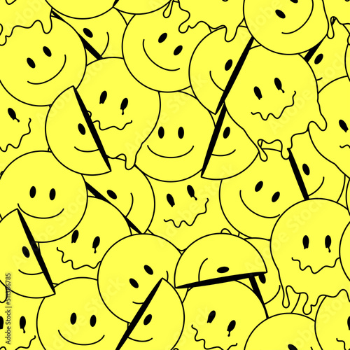Funny smile crazy melted face seamless pattern art. Vector illustration psychedelic retrro graphic. Positive good vibes smiley faces, acid, high, melt, trip, wallpaper seamless pattern. Y2K aesthetic
