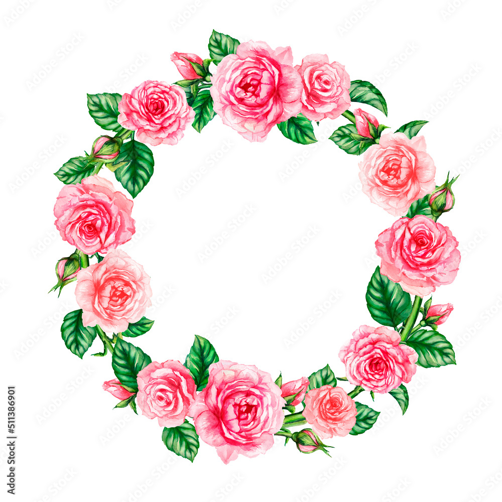 Watercolor wreath of roses. Pink roses, blooming flowers, round frame of roses for postcards.