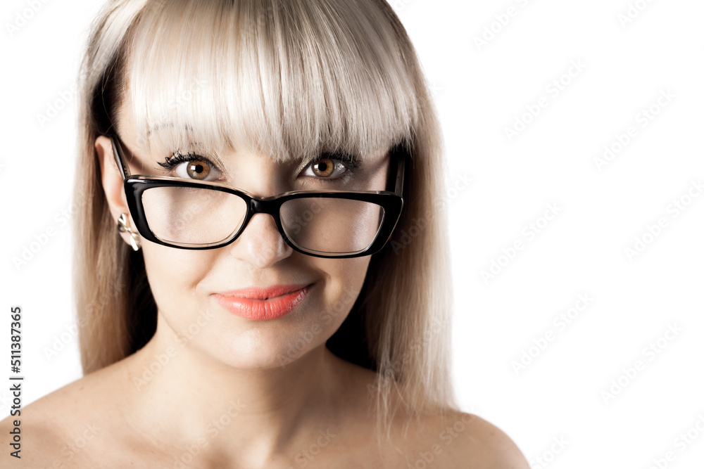 Portrait of a beautiful brunette girl with blond bangs fringe. Wearing glasses. . Portrait of a beautiful brunette girl with blond bangs fringe. Wearing glasses. .
