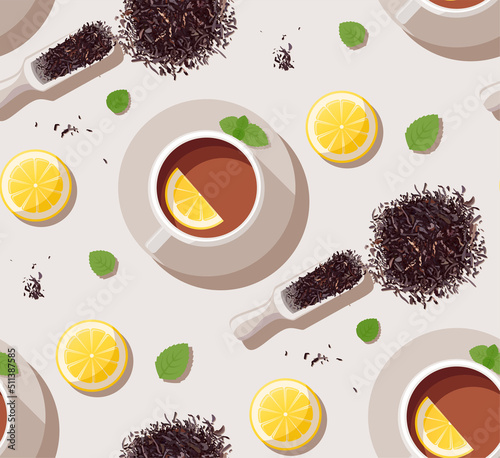 Seamless pattern with tea cup, lemon, mint, brew and tea scoop. Template for packaging, menus, cover, textiles, wallpaper. Tea time. Tea ceremony. Stock vector illustration in flat style.
