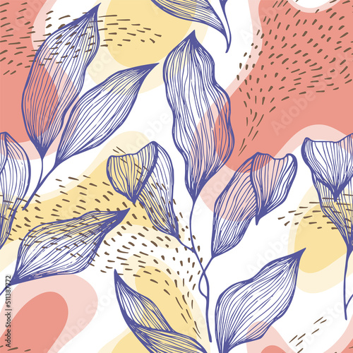 Sketch style doodle line texture leaves over stains and dots seamless vector ...