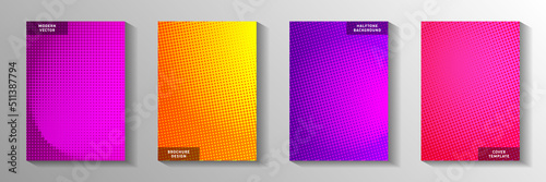 Colorful circle perforated halftone cover page templates vector kit. Scientific brochure faded