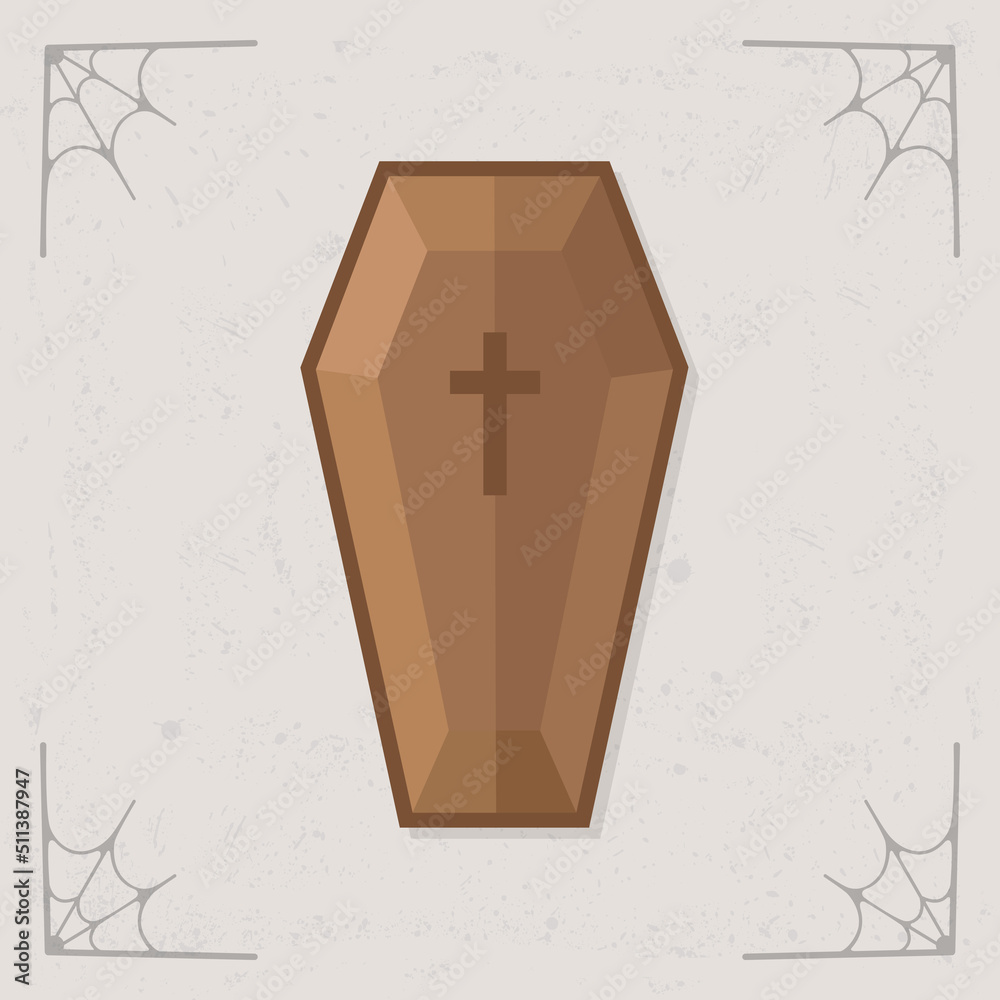 Coffin icon. Wooden vampire coffin. Halloween illustration isolated on stylized gray background. Vector illustration