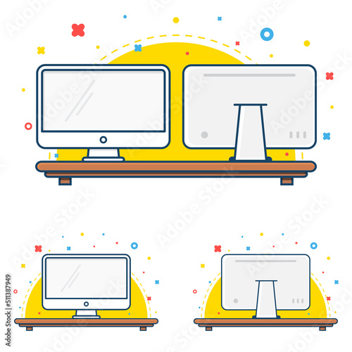 Computer screen icon. Front and back view. Desktop monitor flat thin line icon. PC display outline icon. Cartoon style icon isolated on white background. Vector element