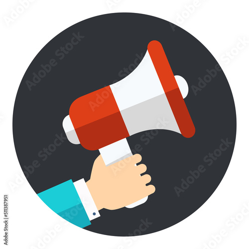 Hand holding megaphone, loudspeaker icon in circle isolated on white background. Event announce concept. Business advertising. Special sale promotion mark. Vector icon