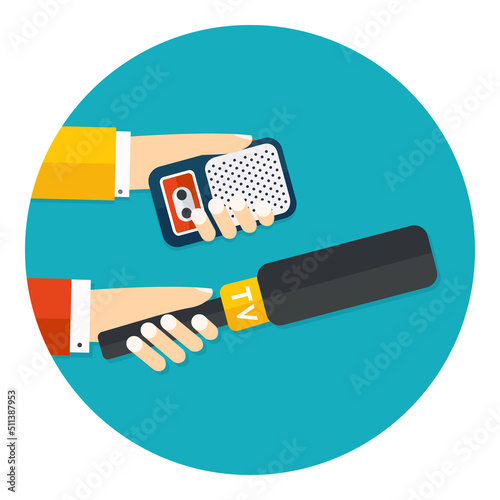 Paparazzi icon. Hands holding microphone and voice recorder. Press take interview. Live news concept. Mass media reporters. Flat illustration in circle isolated on white background. Vector icon