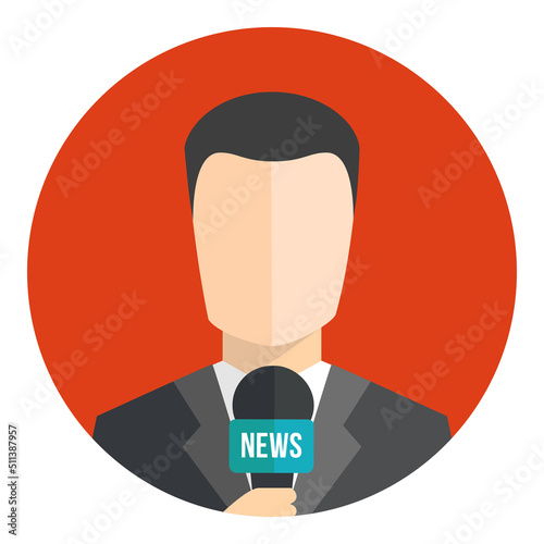 Man newsreader avatar icon. Live report concept. Live news reporter. Male journalist with microphone. Flat icon in circle isolated on white background. Faceless man holding microphone. Vector icon