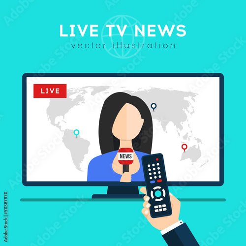 Live news on TV with female newsreader. Hand holding remote control and watching breaking news on TV. Flat icon in circle isolated on white background. Vector icon