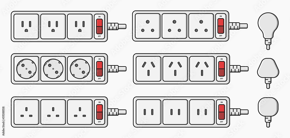 power strip extension cord outlet plug set vector flat illustration power strip extension cord outlet plug set vector flat illustration