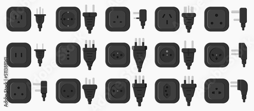 power outlet plug world standards shape icons set vector flat illustration