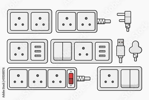power outlet plug electric socket type d switcher set vector flat illustration