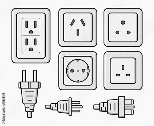 power outlet plug electric socket set vector flat illustration