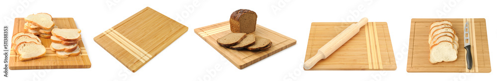 Breadboard for cutting, rolling pin and sliced bread isolated on white background. Panoramic photo.