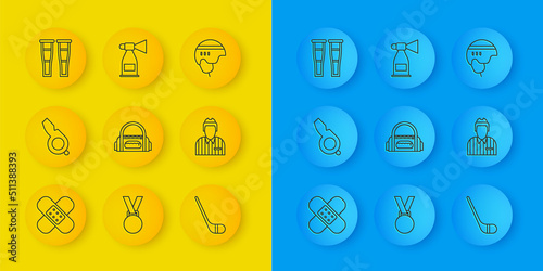 Set line Crossed bandage plaster, Whistle, Sport bag, Ice hockey stick, Hockey judge, referee, arbiter, Crutch crutches, helmet and Air horn icon. Vector